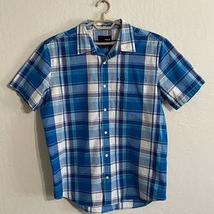 New hurley button up shirt mens XL short sleeve blue purple cotton poly pocket